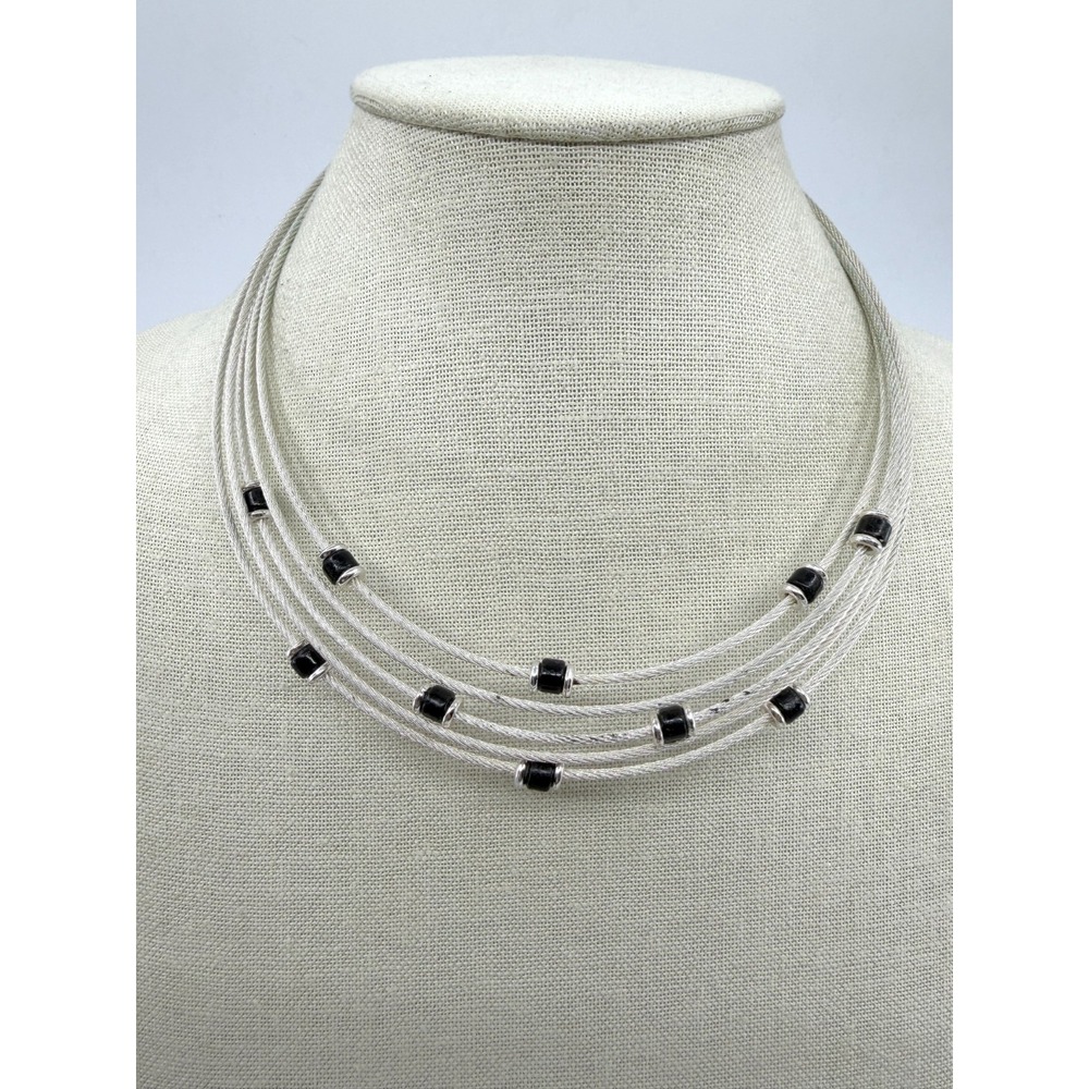 Silver Tone Multi-Strand Cable Chain Necklace with Black Beads - Minimalist